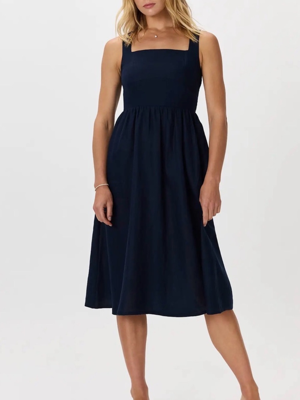 Quince 100% European Linen Fit & Flare Midi Dress Deep Navy S NWT